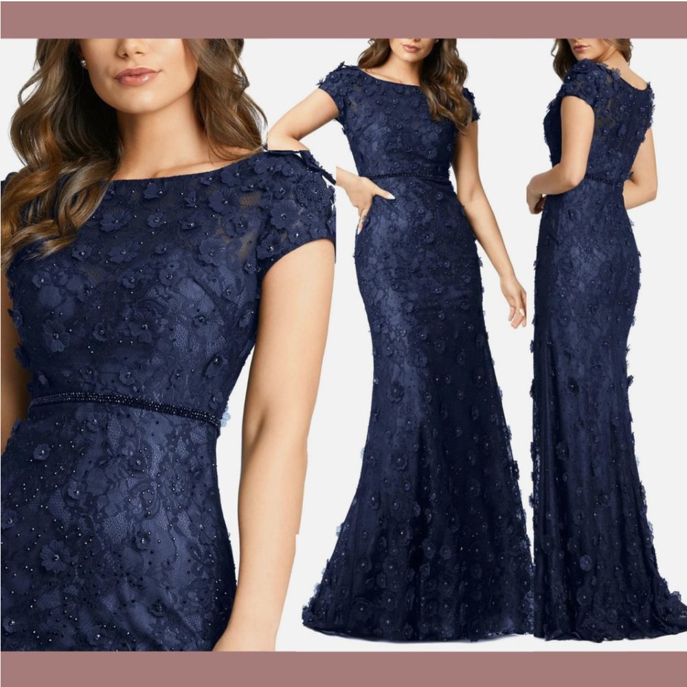 NEW $598 MAC DUGGAL [ 8 ] Floral Applique Boat Neck Short Sleeve Gown Blue #Q494
